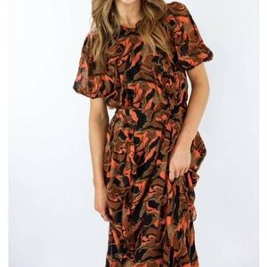 Cleobella Vibrant Orange and Black Midi Dress